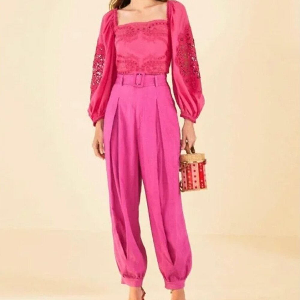 Farm Rio Linen Pants Belted Pink Harem Pants